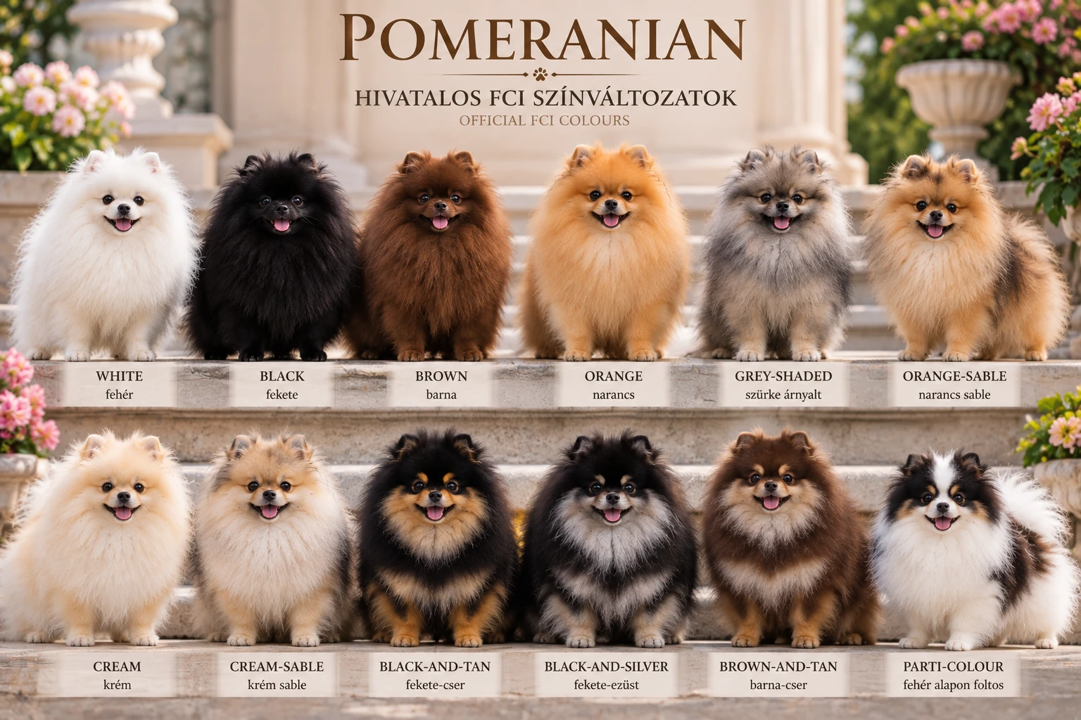 Pomeranian hivatalos FCI színváltozatok tabló: fehér, fekete, barna, narancs, szürke, krém és foltos spitzek