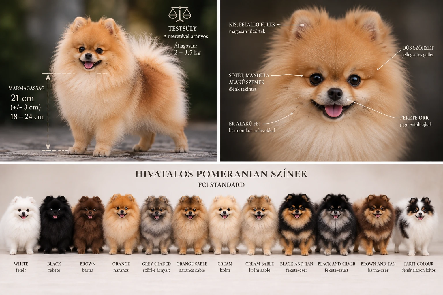 Pomeranian marmagasság, testsúly és részletes fejanatómia infografika