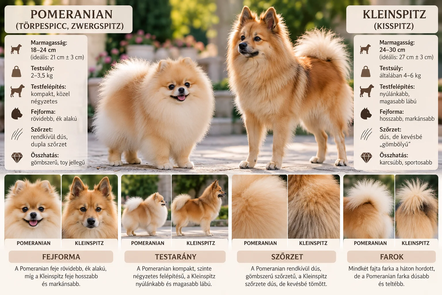 Infographie comparative Poméranien et Kleinspitz : taille, poids, forme de la tête et proportions corporelles
